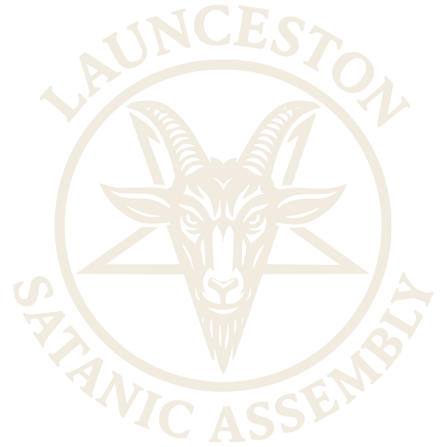 Seal of the Launceston Satanic Assembly: a horned goat's head inside an inverted pentagram, ringed by the Assembly's name.
